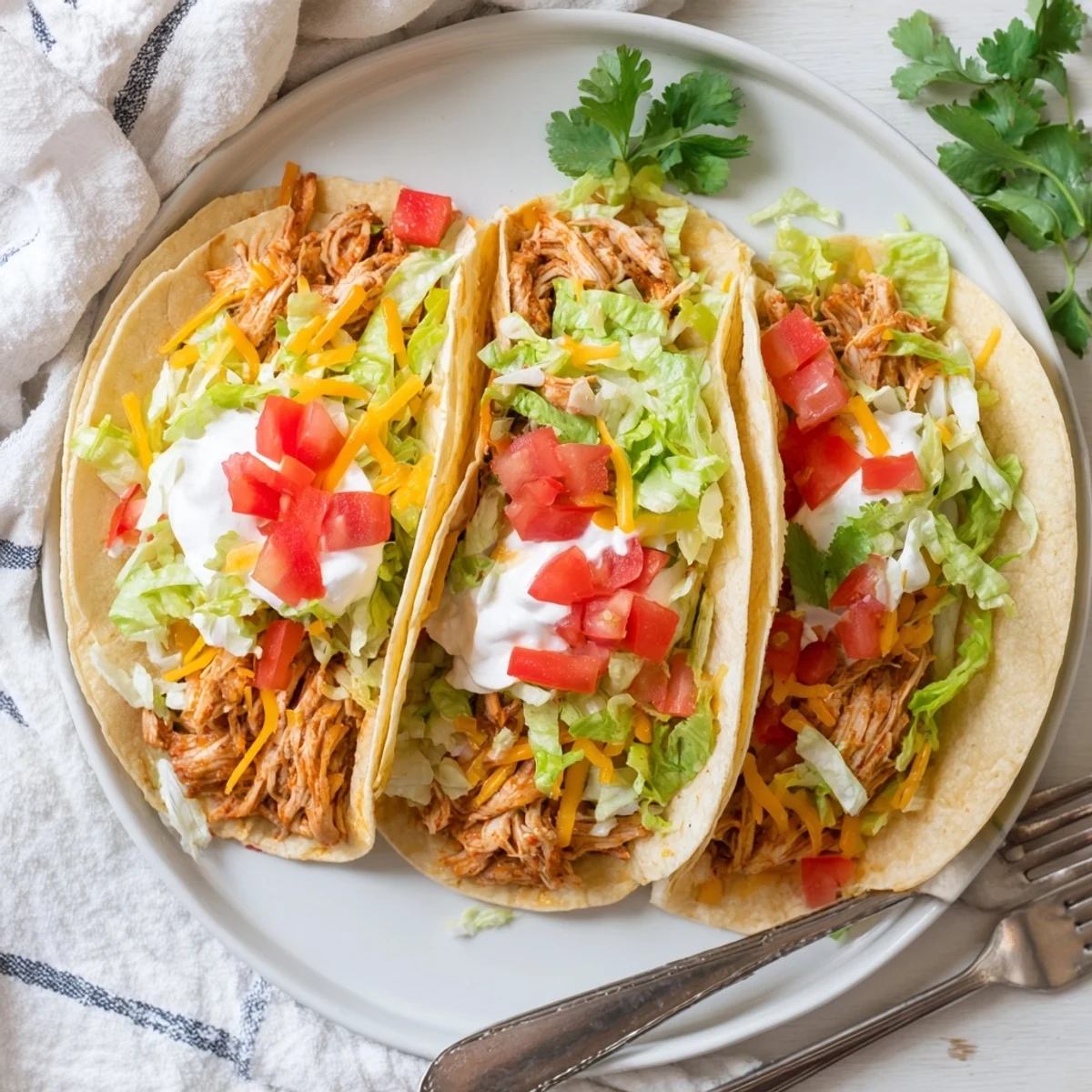 Slow Cooker Ranch Chicken Tacos topped with melted cheddar and fresh cilantro on soft tortillas