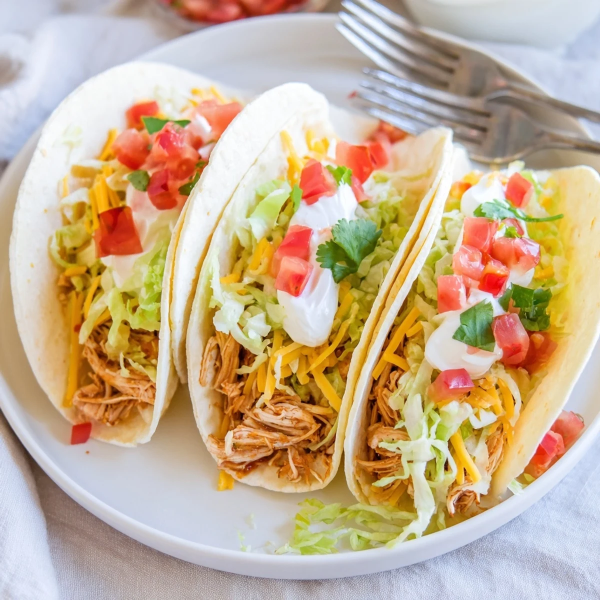 Juicy shredded Slow Cooker Ranch Chicken Tacos loaded with lettuce sour cream and diced tomatoes