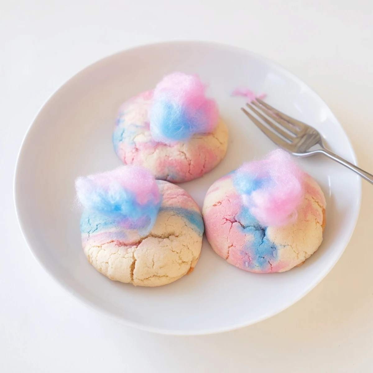Soft cotton candy cookies with swirled pink and blue pastel frosting on a rustic baking sheet