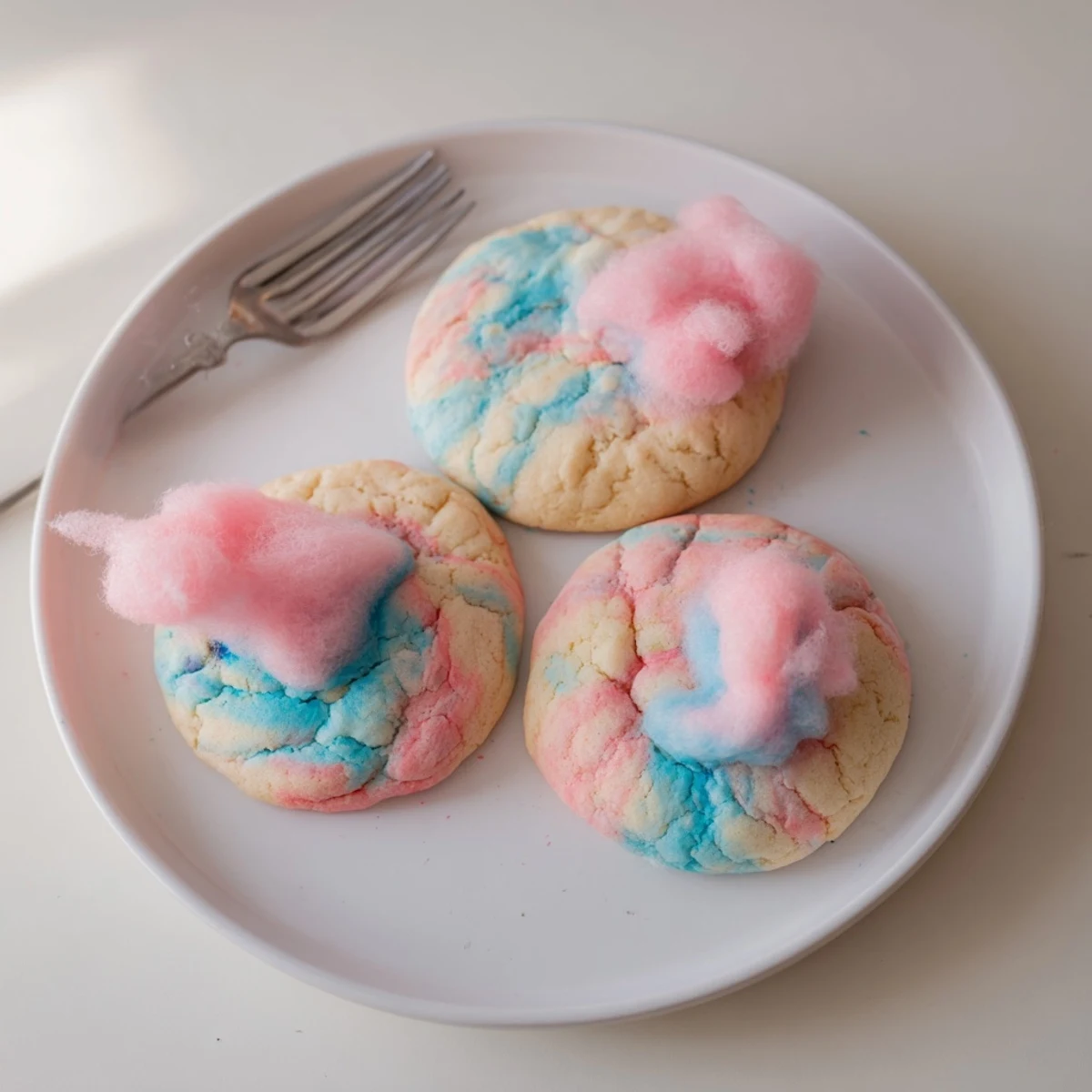 Warm cotton candy cookies cooling on a wire rack with marbled pink and blue dough