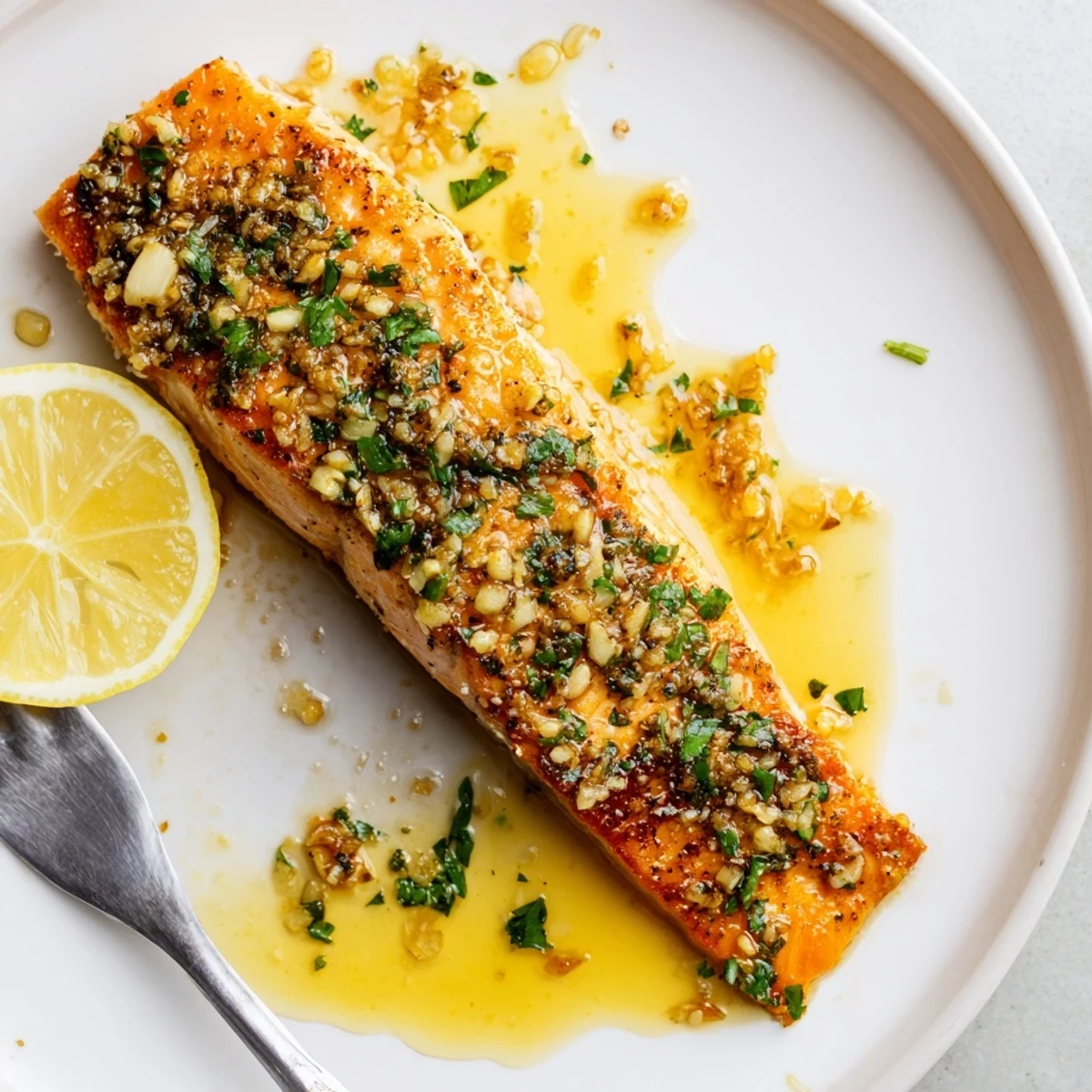 Golden pan-seared garlic butter salmon fillets drizzled with rich lemon herb sauce on a white plate