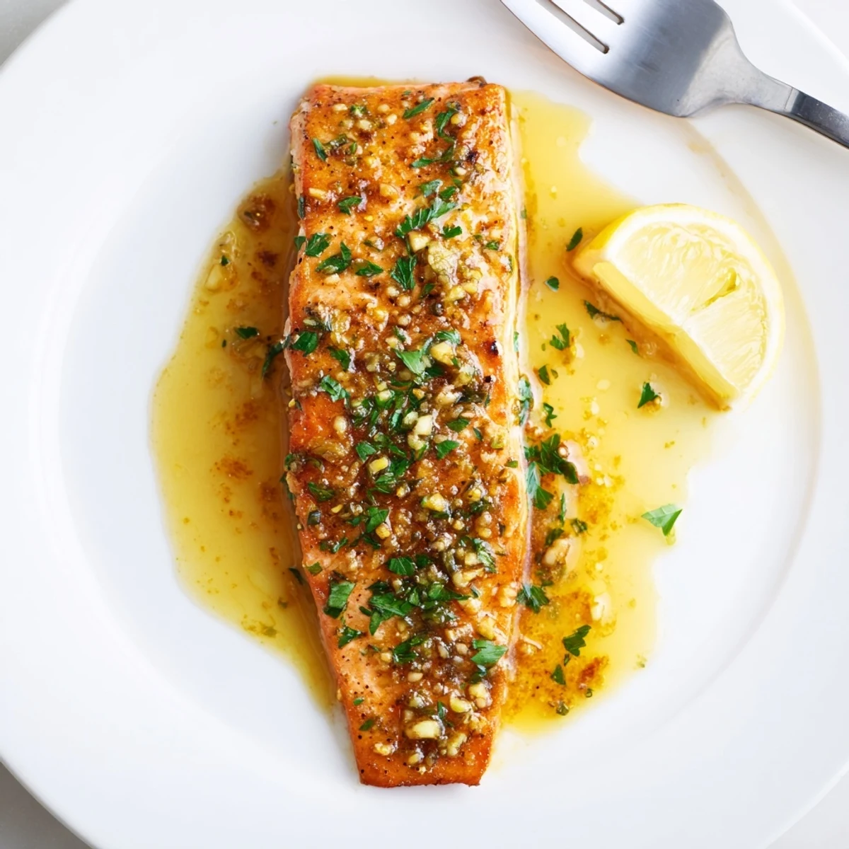 Crispy-skinned garlic butter salmon glistening with melted butter, fresh parsley, and bright lemon wedges