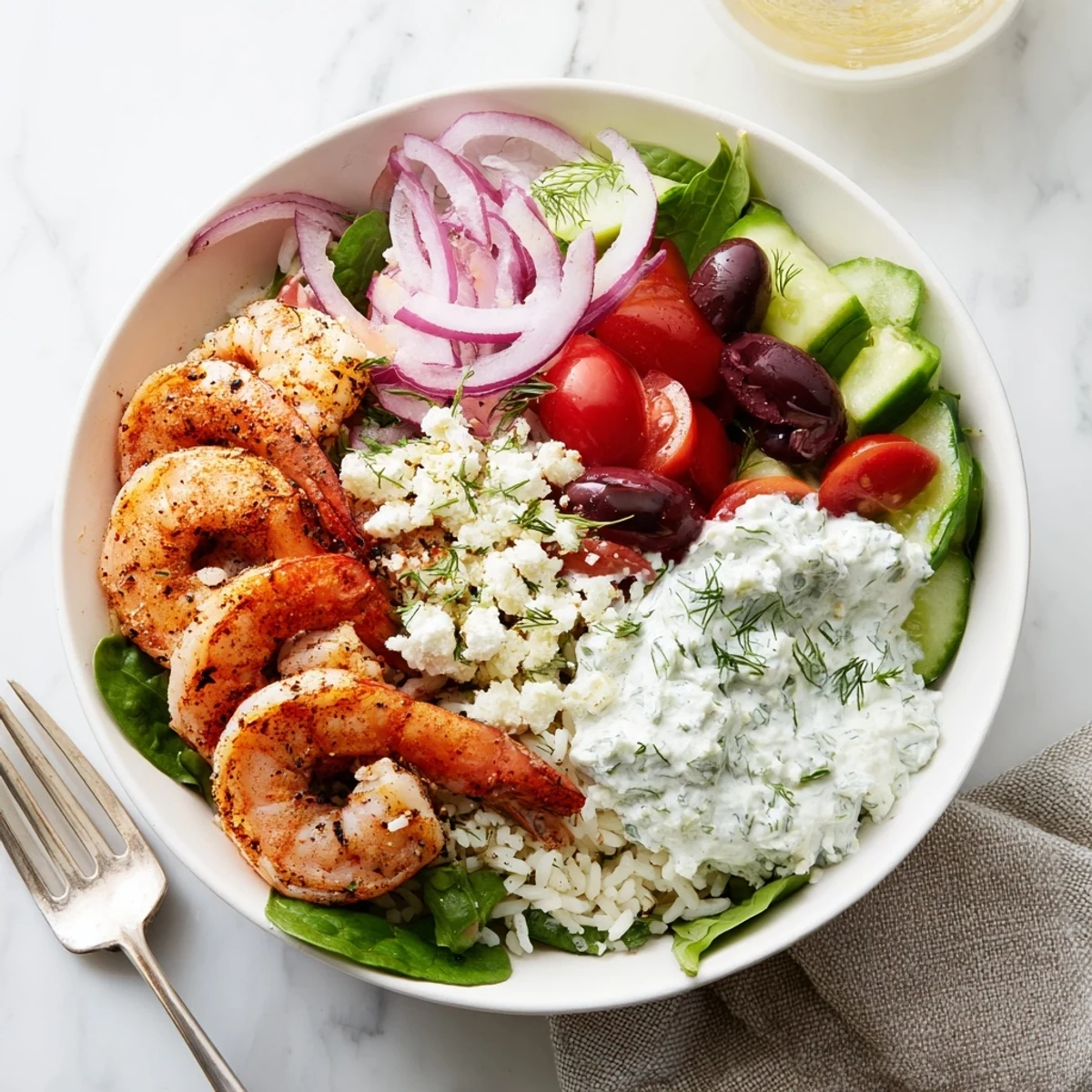Juicy Greek Shrimp Mediterranean Bowl nestled on lemony rice with colorful crisp vegetables