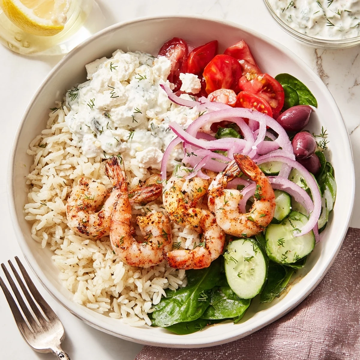 Golden seared shrimp atop a Greek Shrimp Mediterranean Bowl drizzled with cool tzatziki sauce