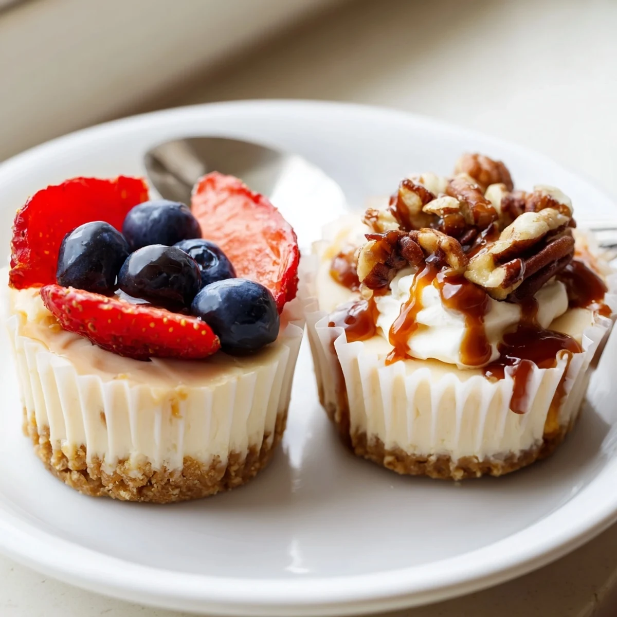 Creamy mini cheesecakes with golden graham crusts topped with fresh berries
