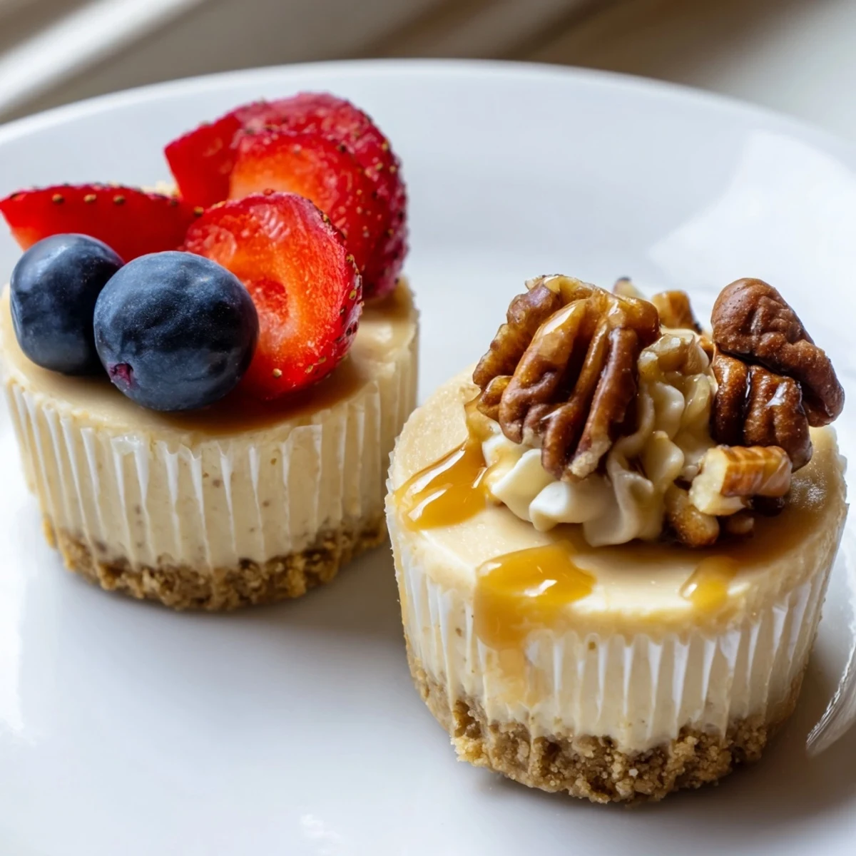 Individual mini cheesecakes featuring chocolate ganache and crushed cookie toppings