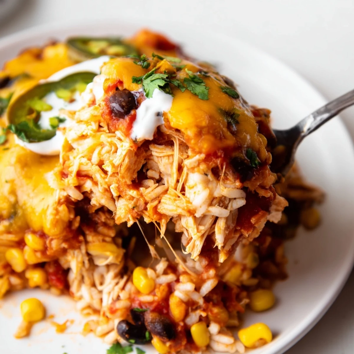 Golden bubbly chicken burrito casserole fresh from the oven with melted cheese