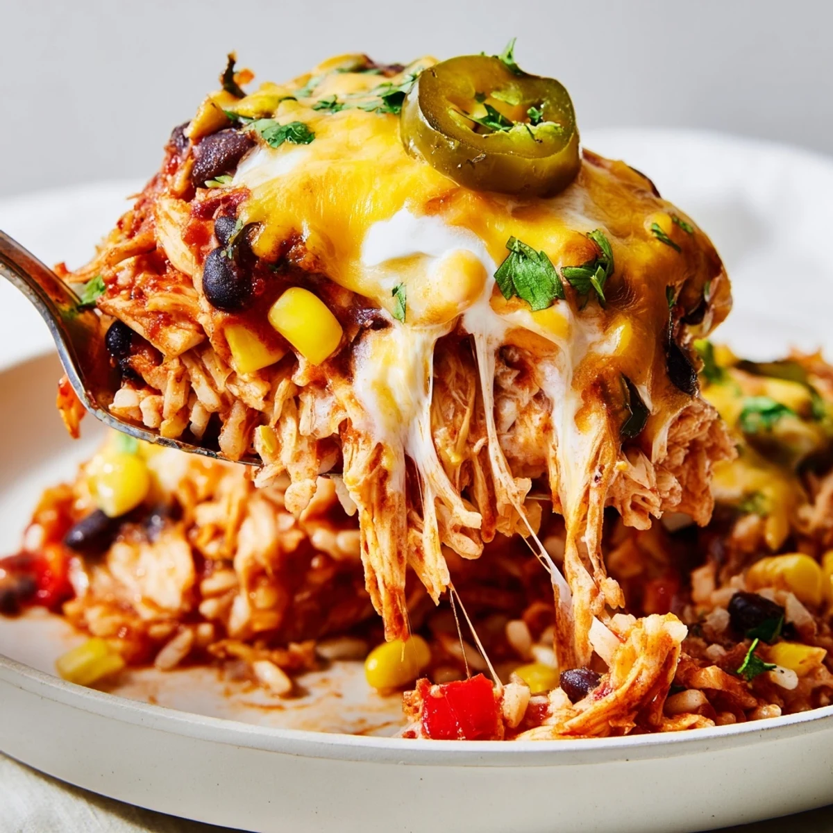 Creamy chicken burrito casserole layered with rice, beans, and melted cheddar