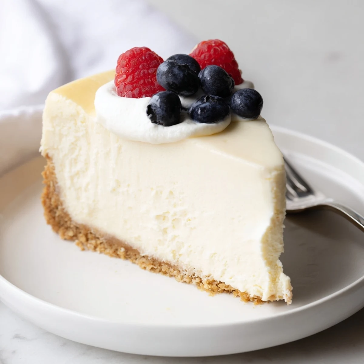Creamy cheesecake with golden graham cracker crust, sliced and ready to serve