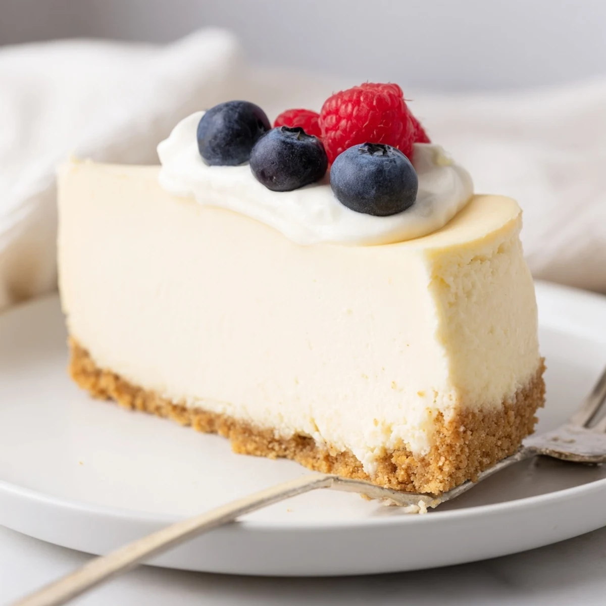 Rich baked cheesecake topped with silky sour cream, garnished with fresh berries