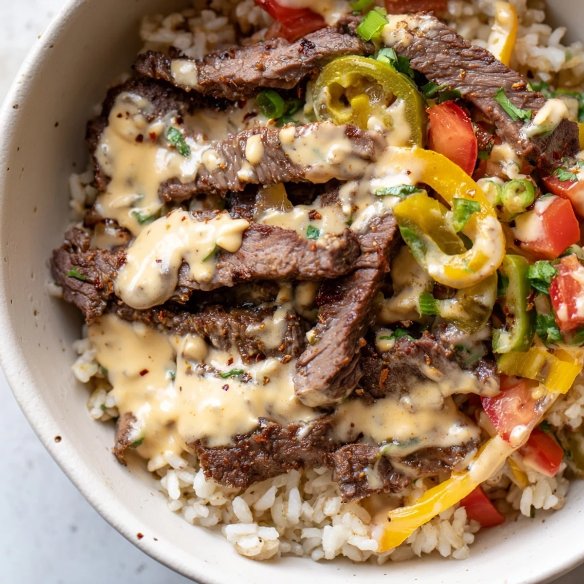 Creamy steak queso rice topped with melted cheese sauce and fresh cilantro