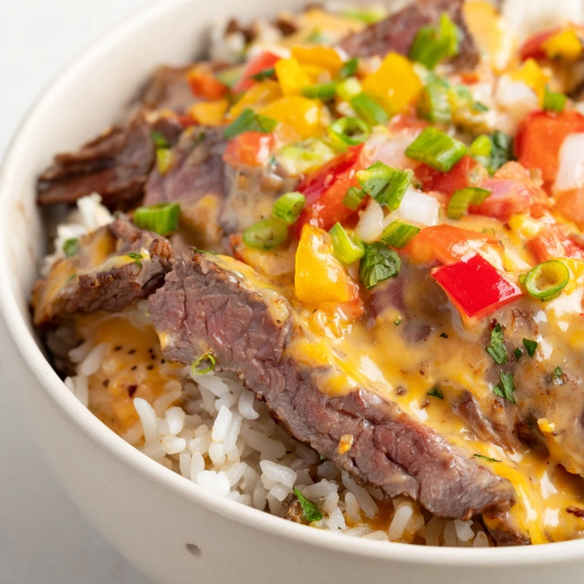 A warm bowl of steak queso rice drizzled with golden melted cheese garnished with scallions