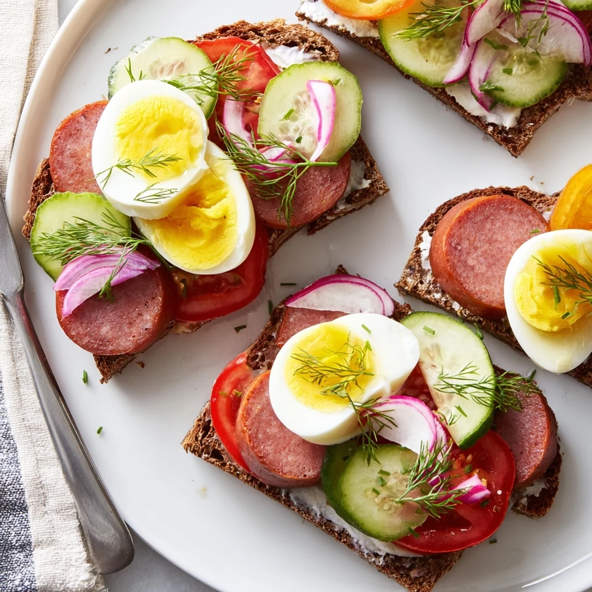 Open faced Polish sandwiches with kielbasa, fresh veggies, and herbs on rye bread