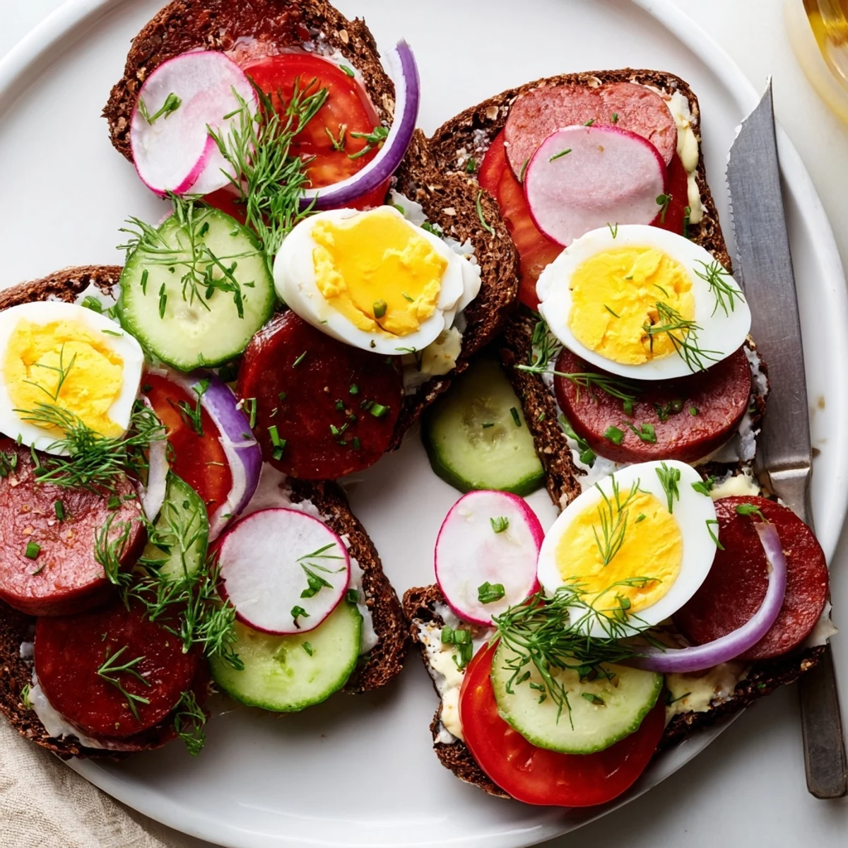 Colorful kanapki arranged on a wooden board with sliced tomato, cucumber, and dill