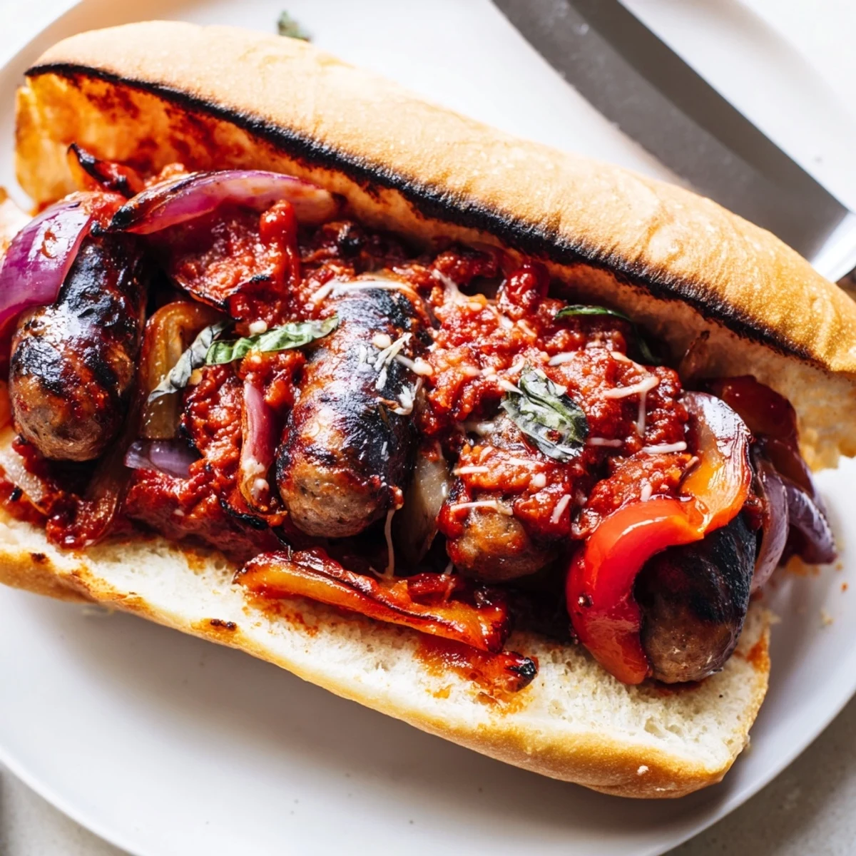 Golden grilled sausage grinders smothered in smoky charred tomato sauce on crusty rolls