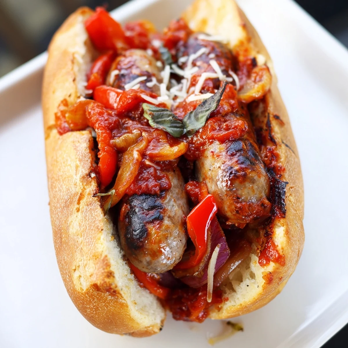 Juicy grilled sausages in toasted hoagie rolls dripping with chunky grilled tomato sauce