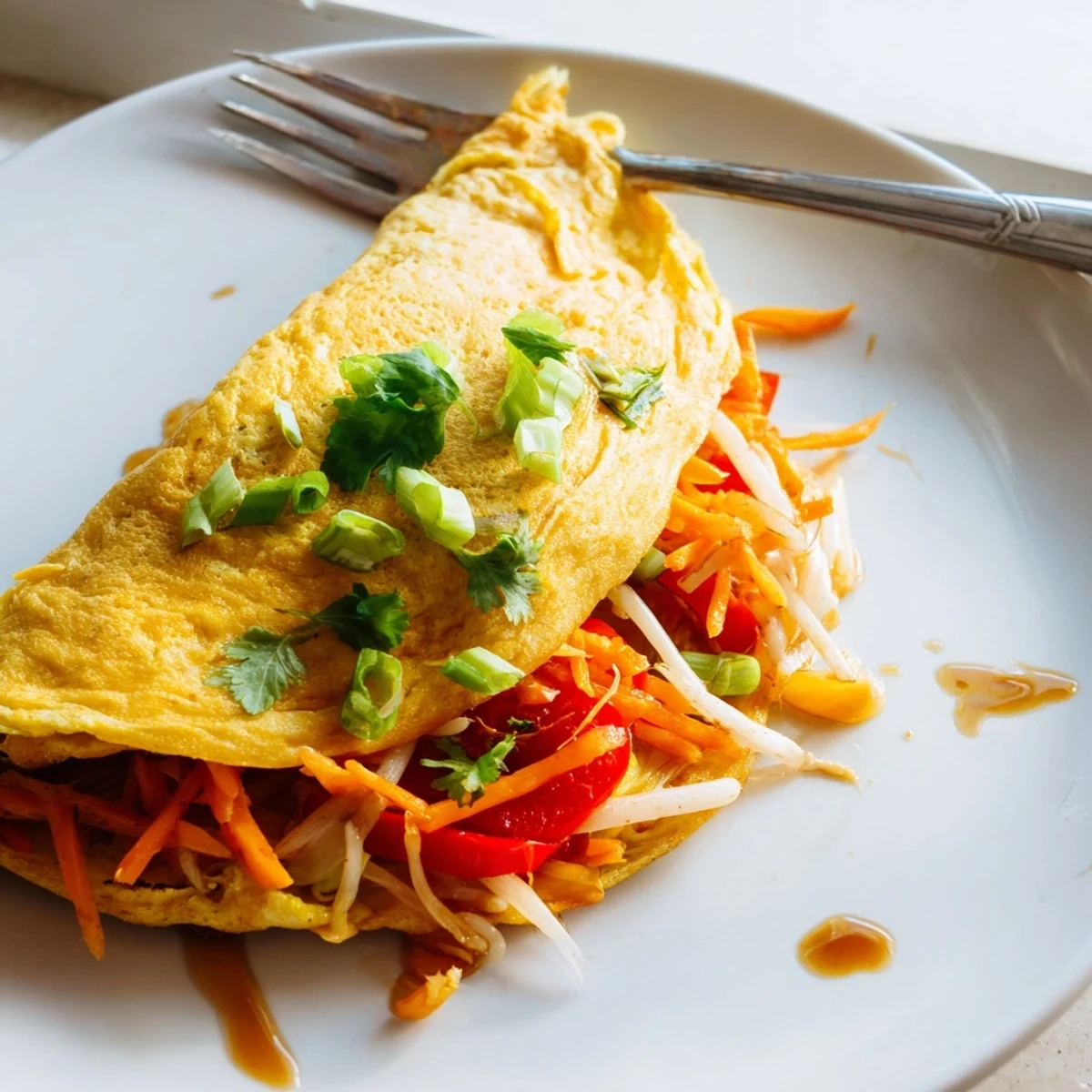 Golden Chinese omelette folded over crisp vegetables, garnished with fresh scallions and cilantro