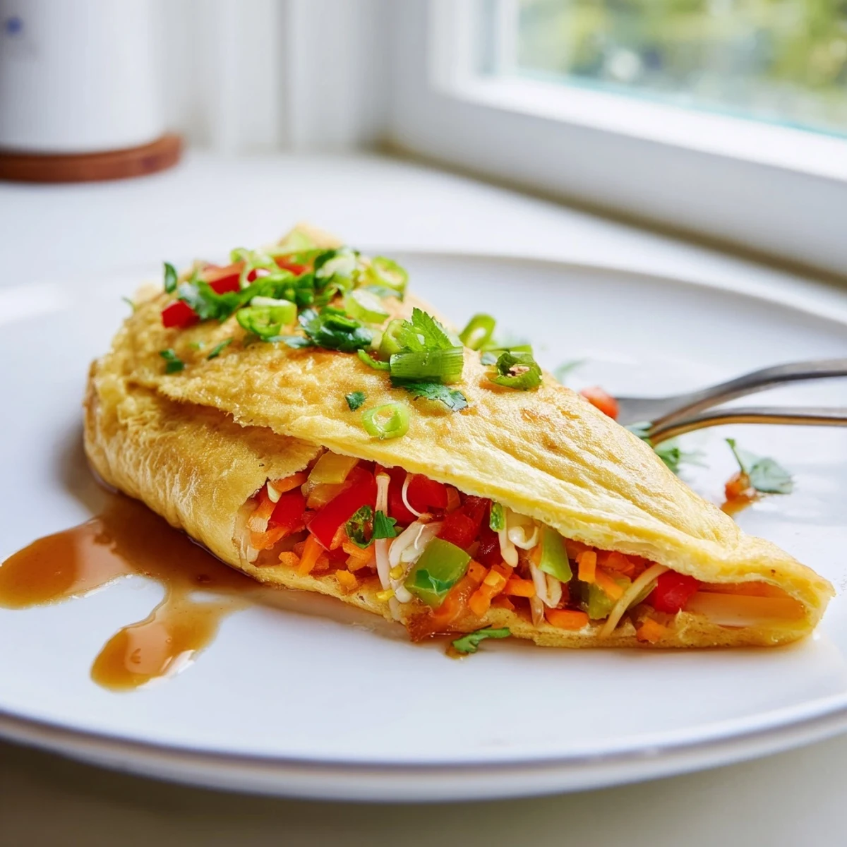 Fluffy Chinese omelette sizzling in a nonstick skillet with colorful bell peppers and bean sprouts