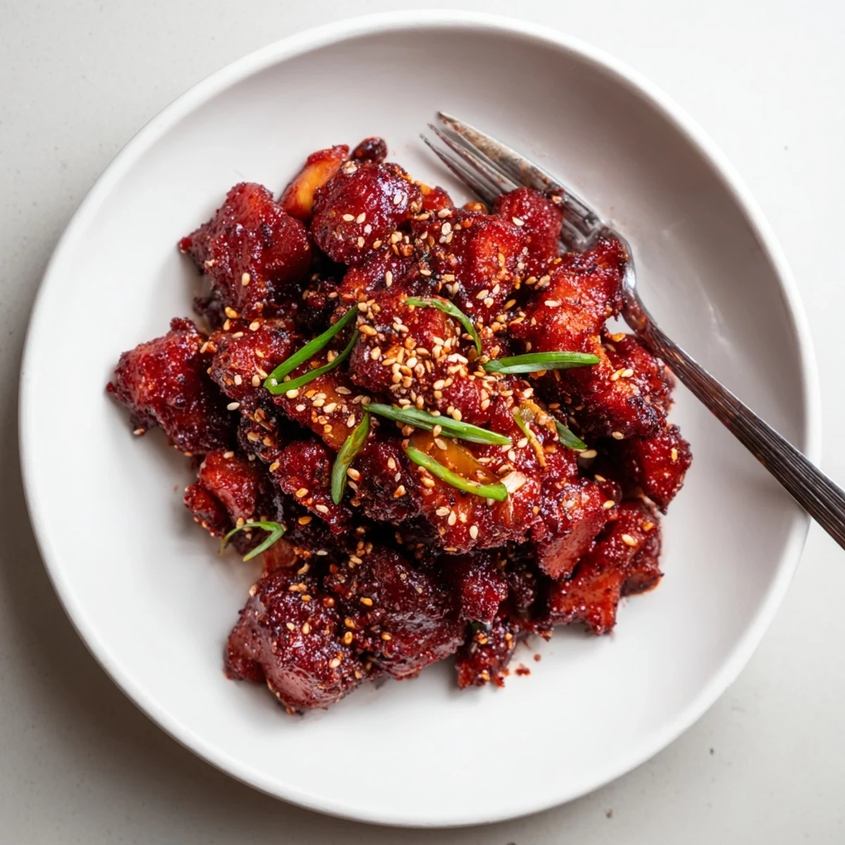 Caramelized Gochujang Chicken glazed in glossy red sauce with sesame seeds