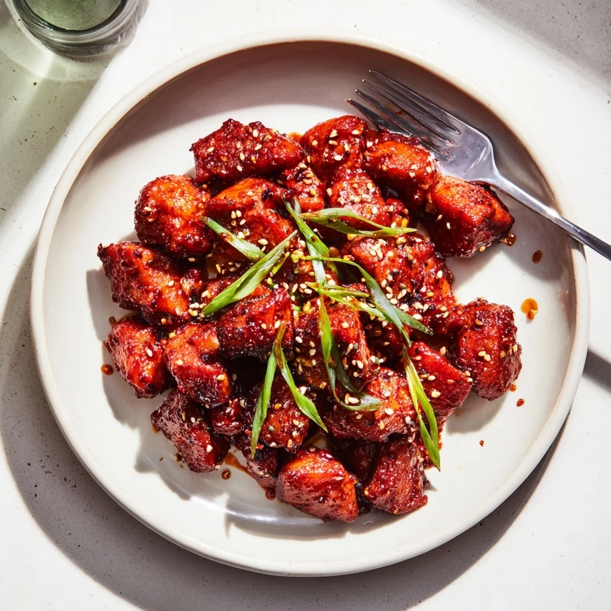Tender Gochujang Chicken pieces scattered with green onions beside fluffy white rice