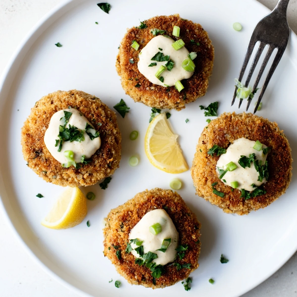 Golden pan-fried lemon garlic Alaska salmon cakes drizzled with creamy aioli on a rustic plate