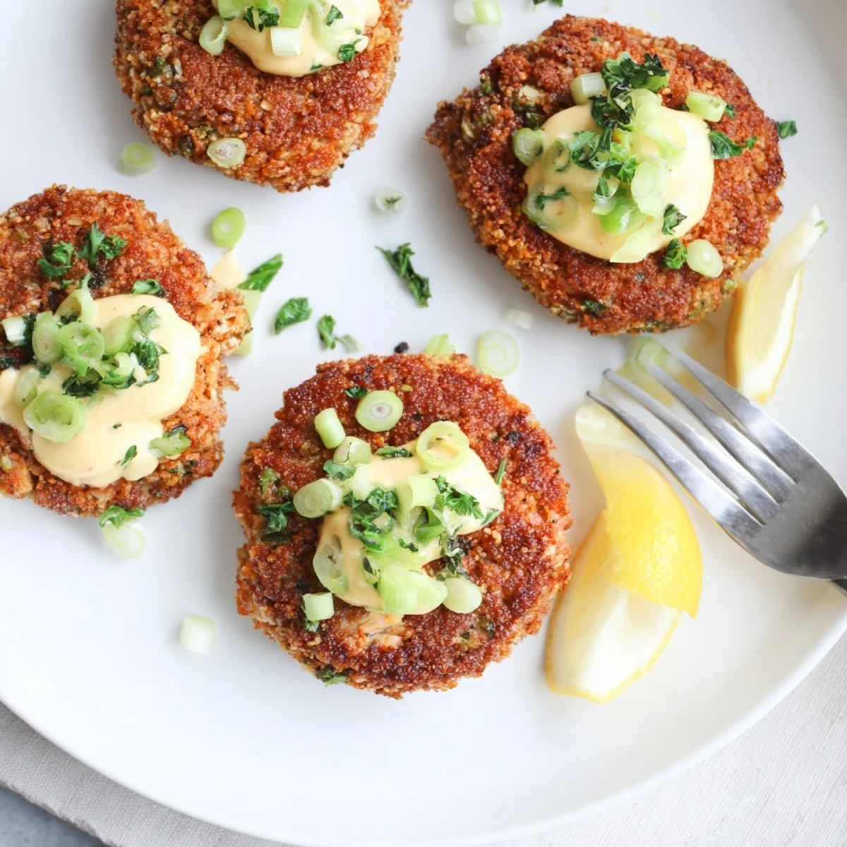 Crispy lemon garlic Alaska salmon cakes served with tangy aioli and fresh lemon wedges