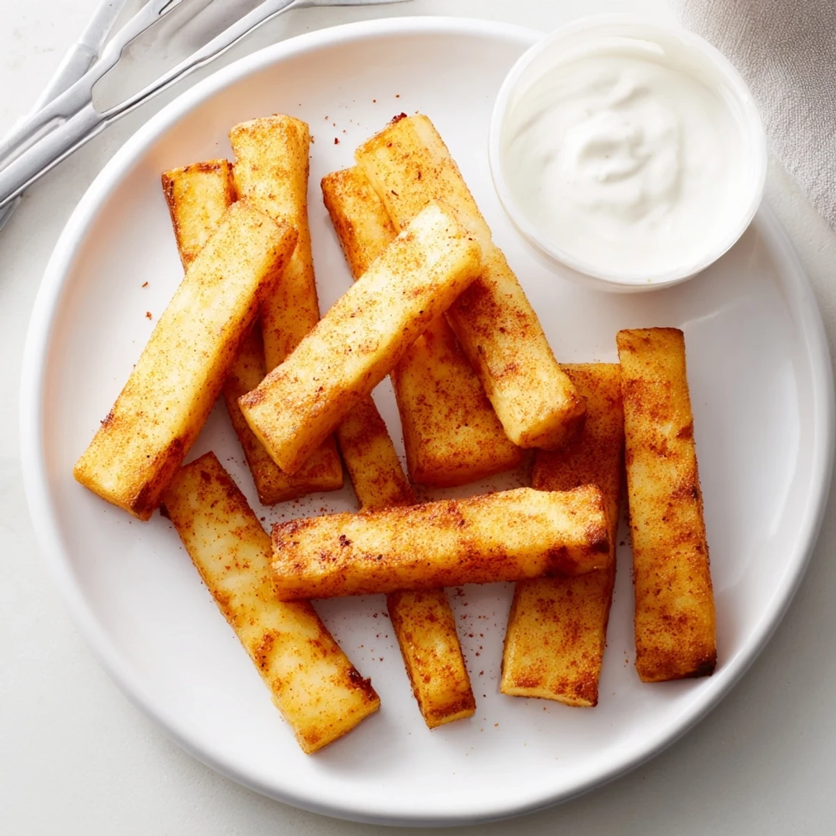 Golden baked cottage cheese fries arranged on parchment with a side of marinara dip