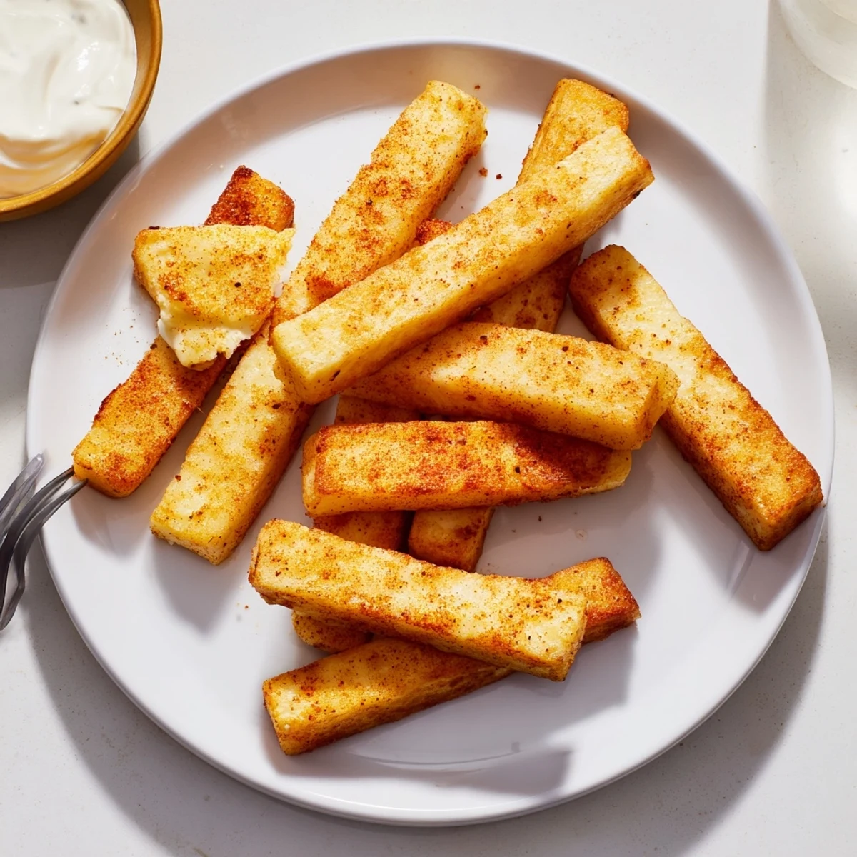 Creamy baked cottage cheese fries with a golden crust paired with cool ranch dipping sauce