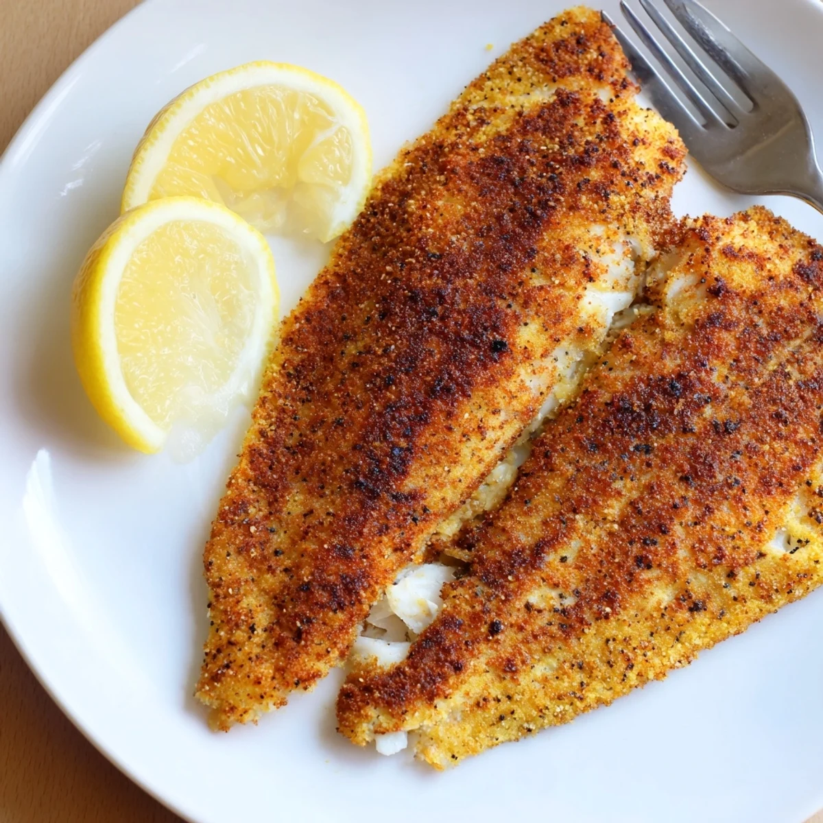 Crispy golden pan fried tilapia fillets served with fresh lemon wedges on a white plate