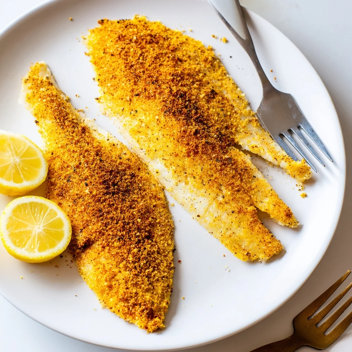 Perfectly pan fried tilapia with a seasoned crust resting on a bed of steamed vegetables
