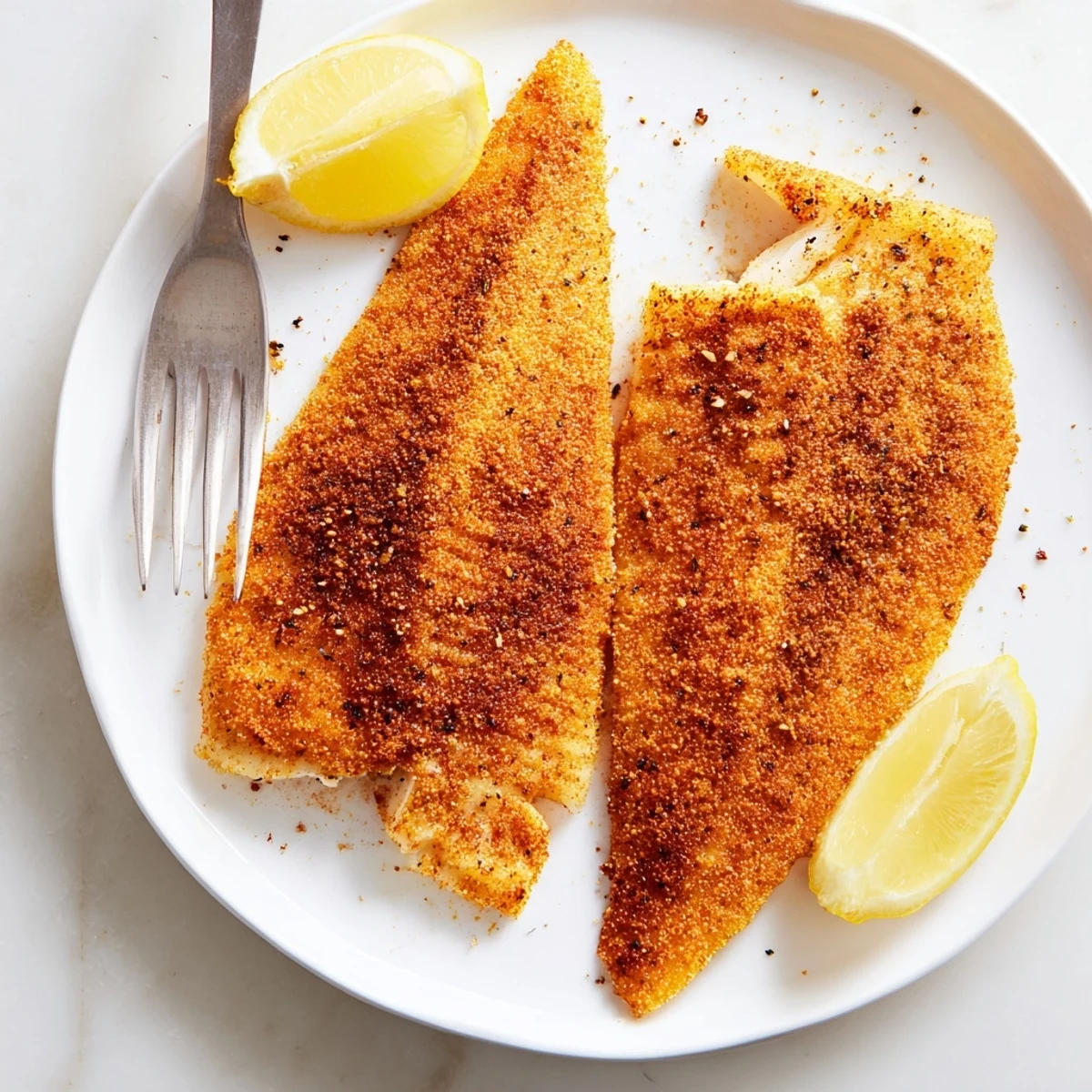 Tender pan fried tilapia fillets sizzling in a cast iron skillet with herb butter