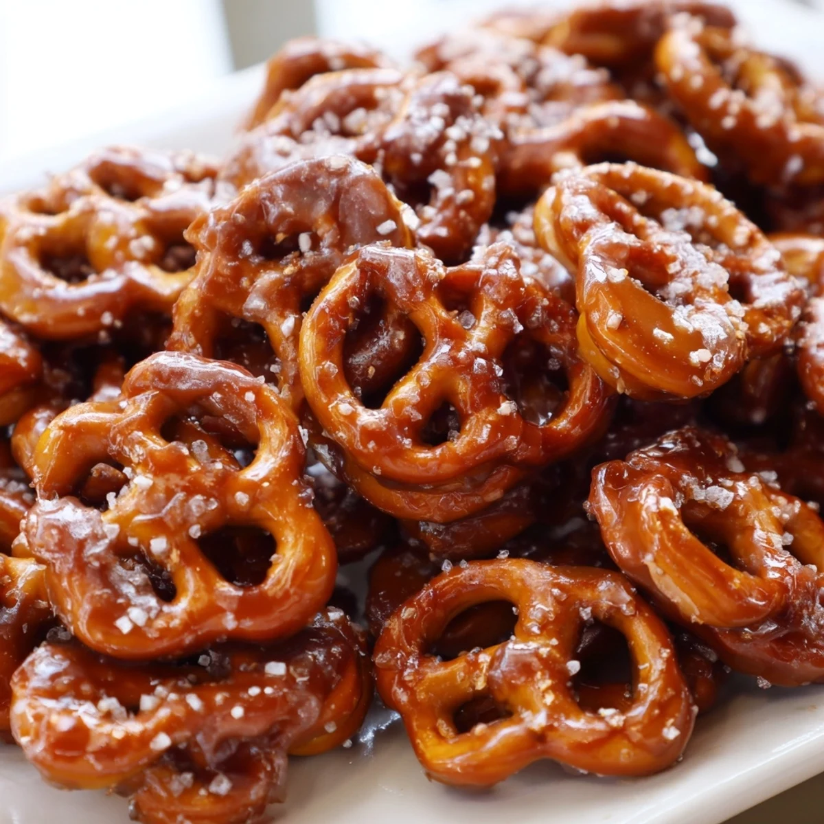 Golden butter toffee pretzels glistening with caramel coating and flaky sea salt sprinkled on top