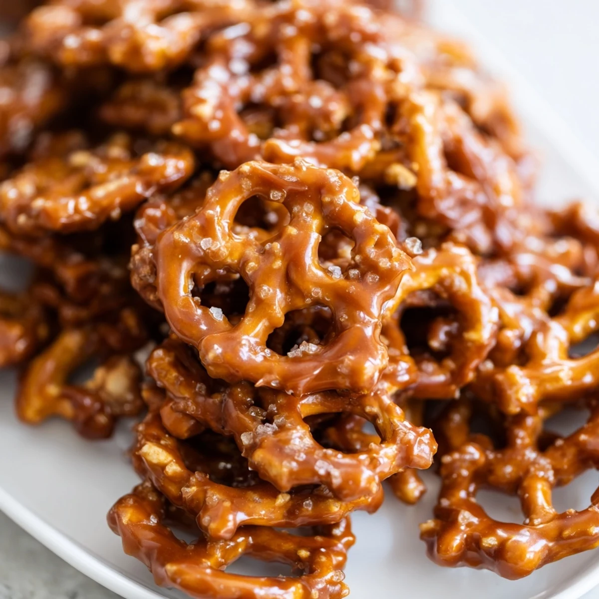 Crunchy butter toffee pretzels spread on a baking sheet coated in rich, bubbling caramel glaze