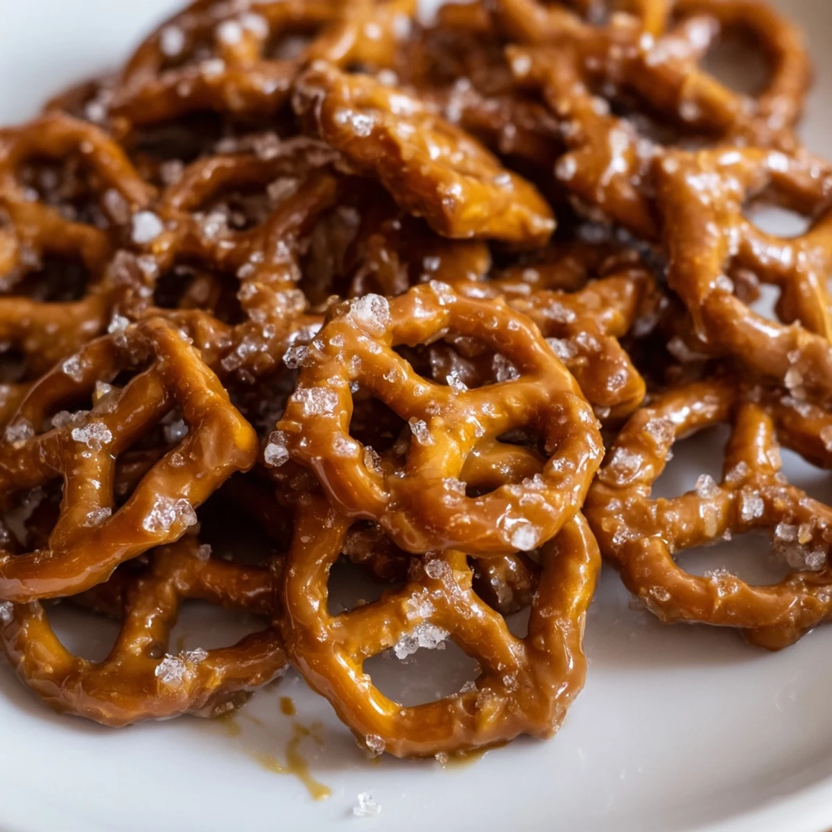Warm butter toffee pretzels tossed in glossy toffee sauce ready for a party snack bowl