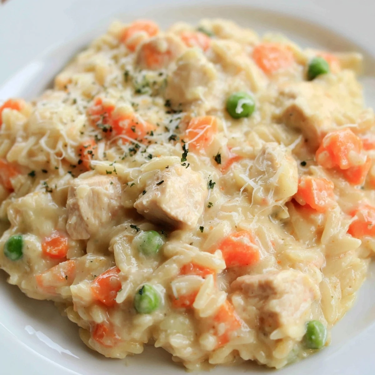 Creamy chicken pot pie orzo served steaming in a rustic bowl with fresh parsley garnish
