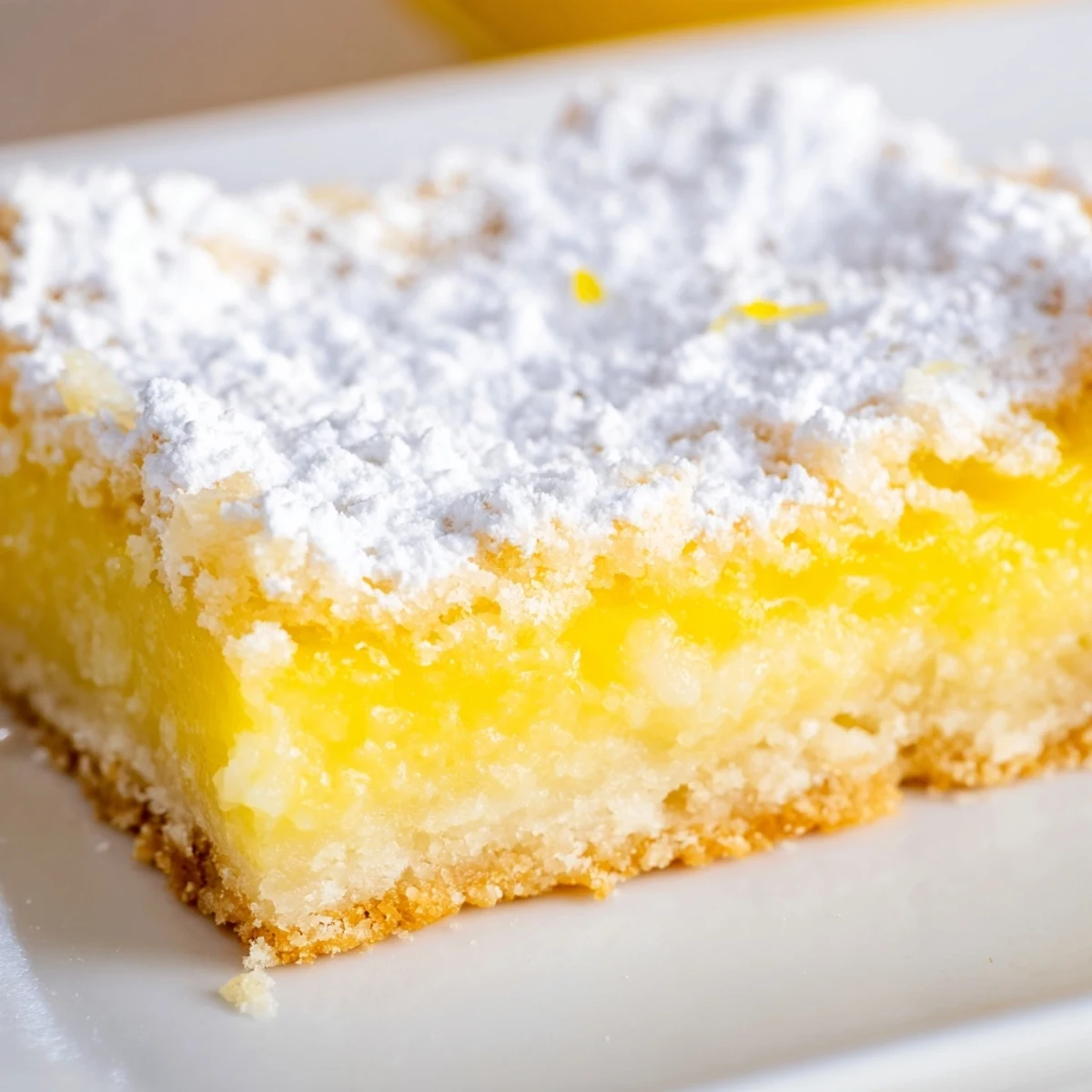 Golden simple lemon bars dusted with powdered sugar on a rustic cutting board