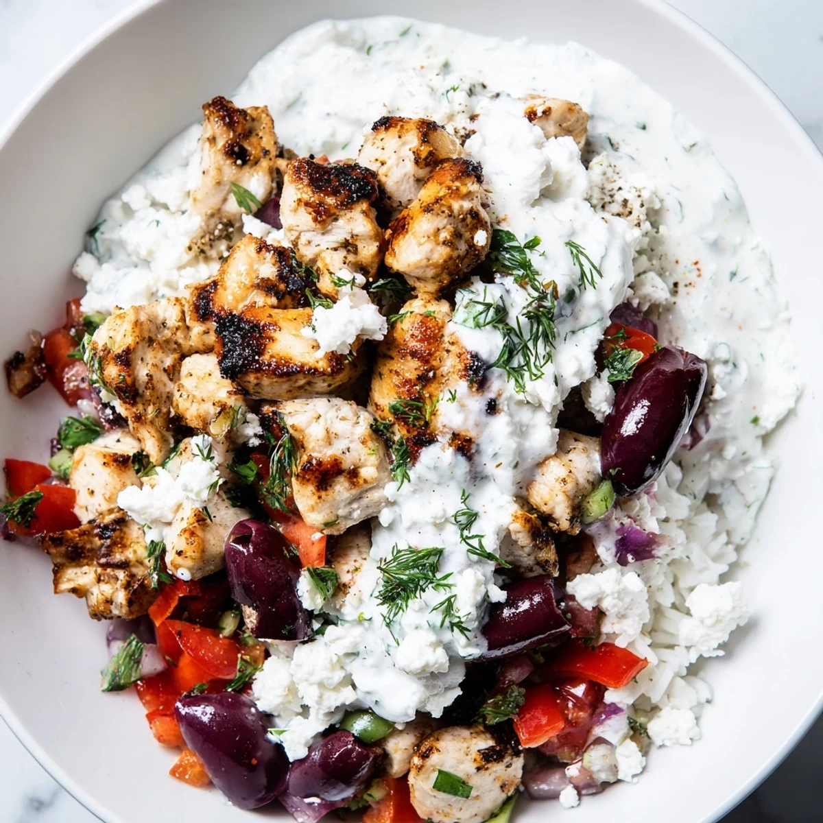 Juicy grilled Greek Chicken Bowls with colorful crisp veggies and cool tzatziki