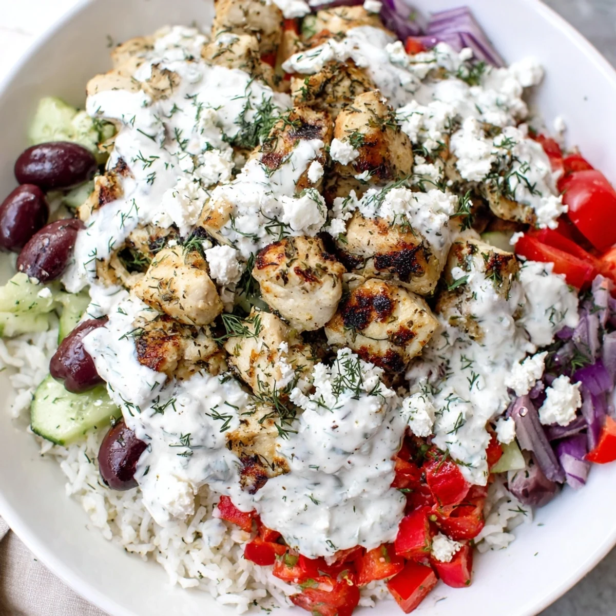 Golden seared Greek Chicken Bowls topped with crumbled feta and fresh herbs