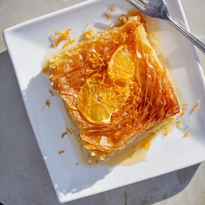 A baked Portokalopita with orange zest and syrup, served on a white plate.