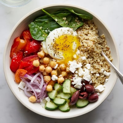 The Mediterranean Breakfast Bowls feature creamy feta and crunchy cucumbers on a bed of quinoa.