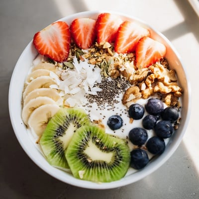 This beautiful Healthy Breakfast Bowl features blueberries, kiwi, nuts, and a drizzle of honey for a wholesome morning meal.