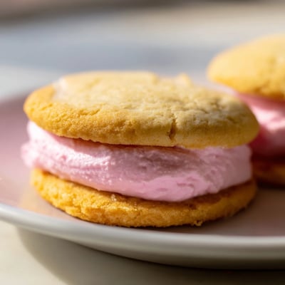 A close-up view of a Pastel Sugar Cookie Sandwich with soft, crumbly cookies and smooth pastel buttercream filling, perfect for festive occasions.