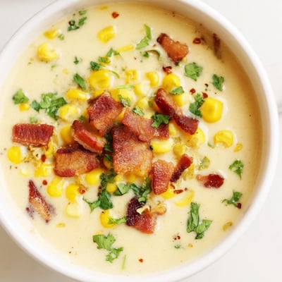 A comforting bowl of Hot Yoghurt Soup with Corn, Bacon, and Coriander garnished with fresh cilantro and bacon bits.