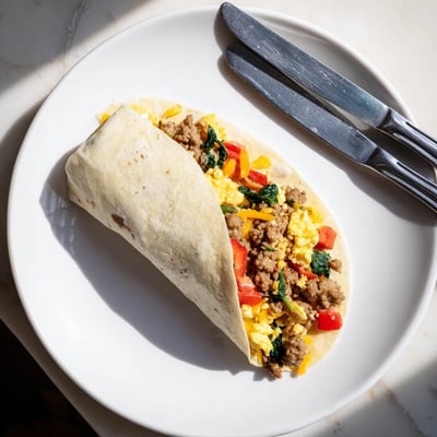 Warm make-ahead freezer breakfast burritos wrapped in foil, ready for a quick morning meal