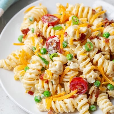 Creamy addictive crack pasta salad studded with cherry tomatoes and crunchy bell pepper on a platter