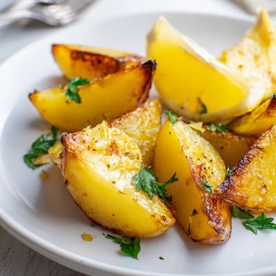 Warm Authentic Greek Lemon Potatoes Recipe served with parsley, crisp edges, tender centers
