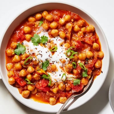 Hearty Greek Yogurt Chickpea Curry ladled over fluffy basmati rice, aromatic