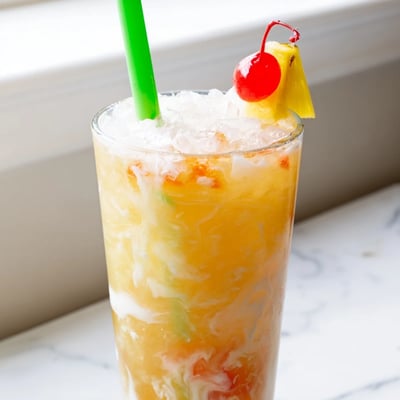 Creamy coconut layer swirling through fizzy Tropical Thunder Dirty Soda over crushed ice