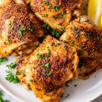 Juicy oven baked chicken thighs with crispy herb-crusted skin on a foil-lined baking sheet