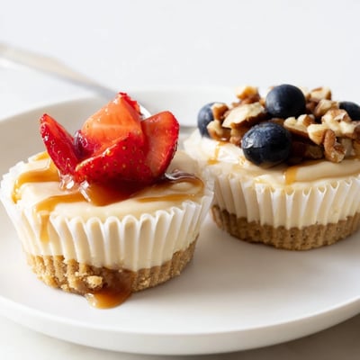 Mini cheesecakes drizzled with caramel sauce on a rustic dessert plate